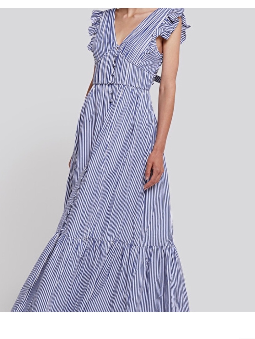 Aqua 🔥 Blue and White Striped Ruffle-Sleeve Maxi Dress